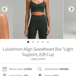 lululemon athletica Align Sweetheart Bra in Dark Green Size 6